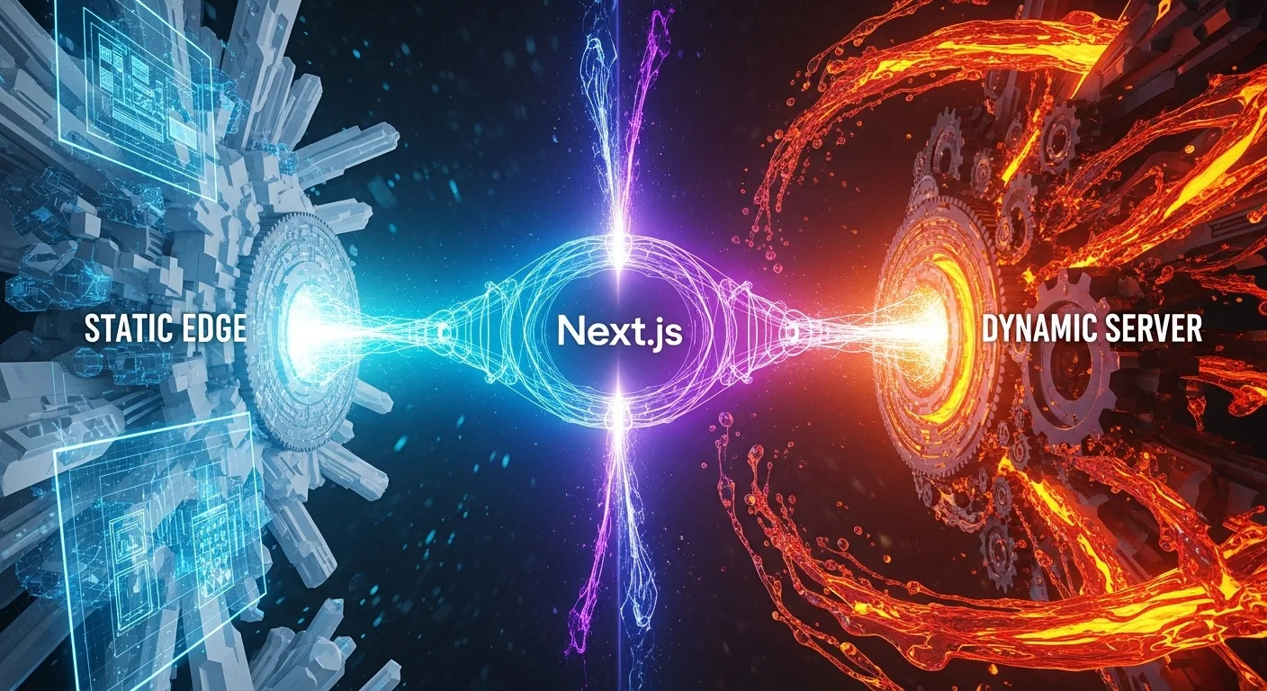 Visualizing the fusion of Static and Dynamic rendering in Next.js Partial Prerendering A futuristic digital illustration representing Next.js Partial Prerendering, depicting static blue crystalline structures from the edge merging seamlessly with dynamic orange data streams from the server through a central glowing bridge.