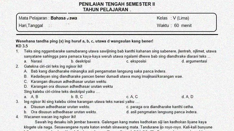 Soal PTS atau  UTS Bahasa Jawa K-13 Kelas 5 Semester 2