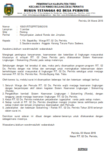 Rt 02 Jln 26 Dusun Kerta Jaya Desa Perintis Surat Edaran Rt 02 Desa Perintis Kec Rimbo Bujang Kab Tebo Tentang Tugas Siskamling Ronda Tahun 2018