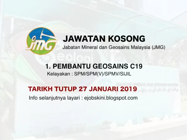 Jawatan Kosong Jabatan Mineral dan Geosains Malaysia (JMG) Januari 2019