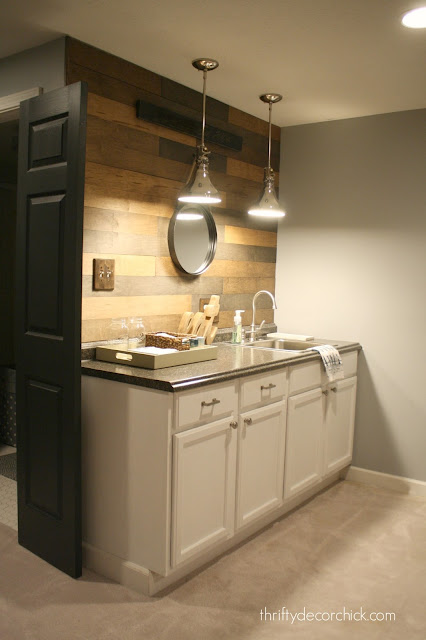 Wood shiplap/planked wall over kitchenette