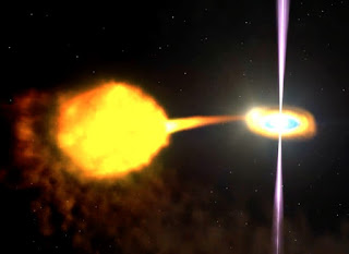 An artist's impression of a bright yellow-orange star ejecting material towards a black hole with a disk and emitting a narrow, vertical purple beam.