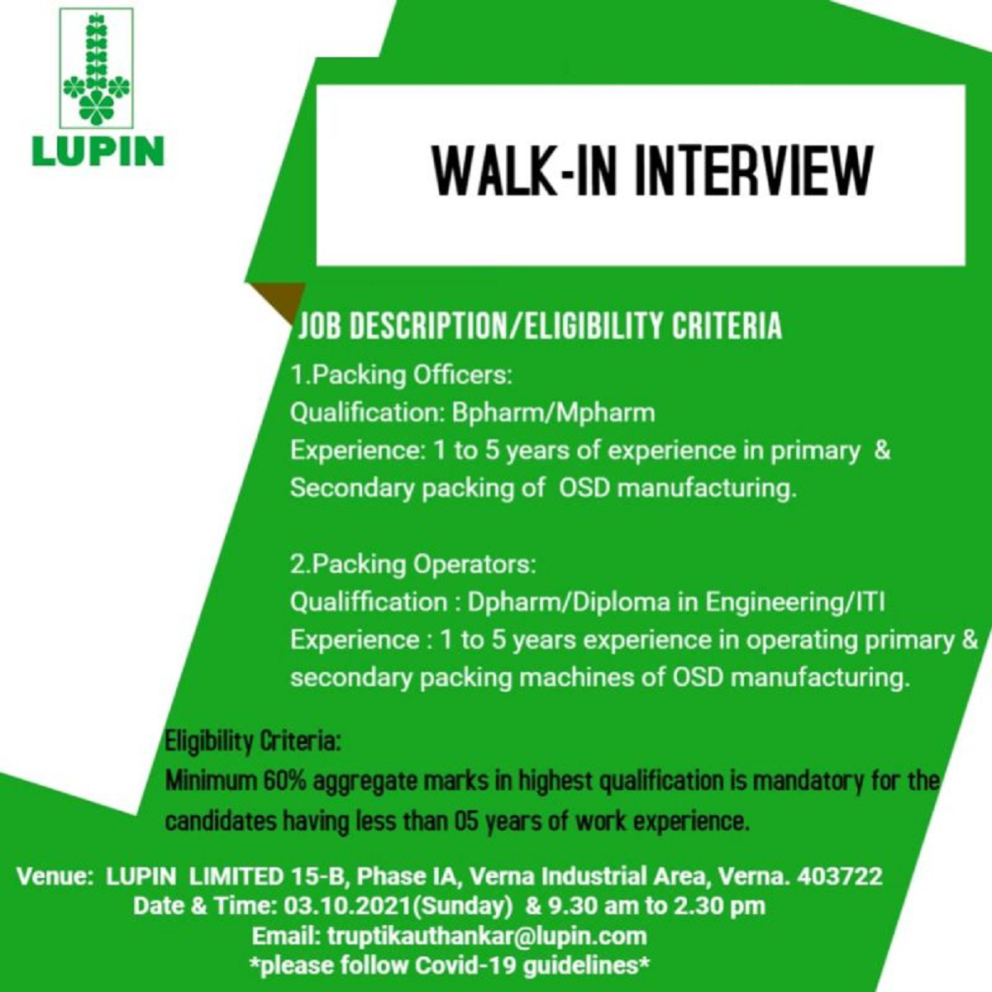 Job Availables,LUPIN  LIMITED WALK-IN INTERVIEWS For Packing Officers/Packing Operators