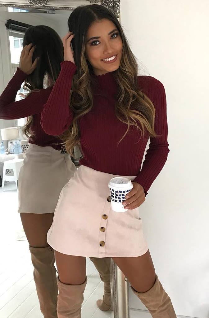 fashion trends | burgundy top + blush skirt + over knee boots