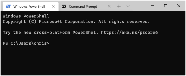 علامات التبويب PowerShell و Command Prompt في Windows Terminal.