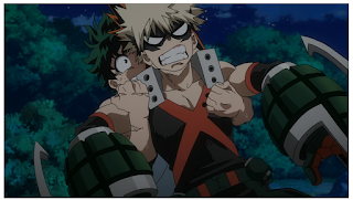 Izuku doing his best to hold back a liberally pissed off Bakugo from punishing two kids.