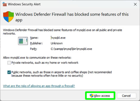 allow access to xampp in windows defender firewall