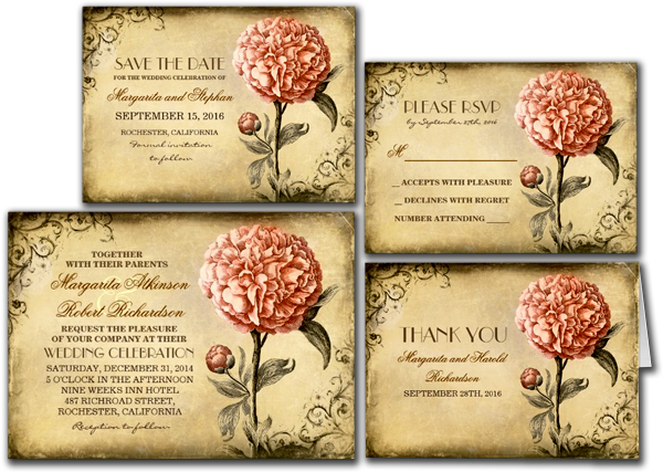  Vintage Rustic Wedding Invitation With Pink Peony Invitation Card