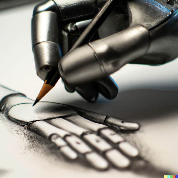 A robot hand drawing, by DALL•E