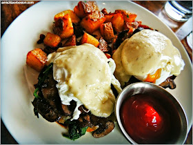 Mission Beach Cafe: Wild mushroom Benedict with spinach, caramelized onions, truffle mornay sauce, potatoes