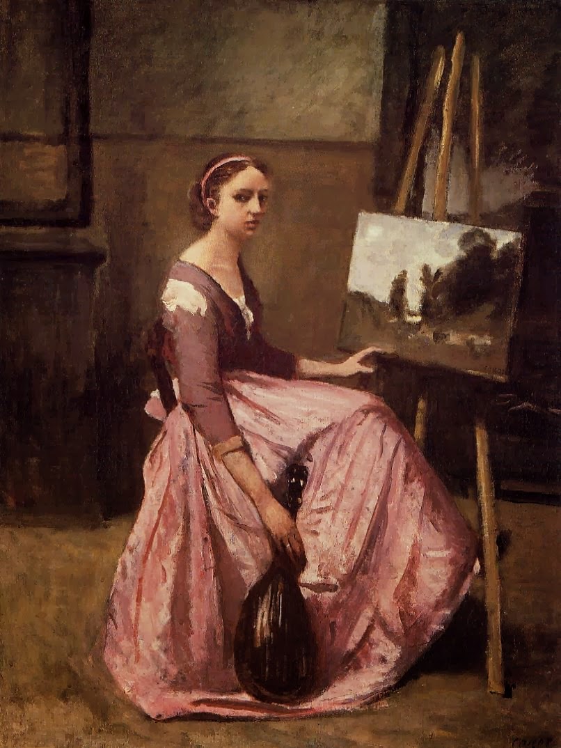 L'atelier de Corot ou Jeune Femme dans une robe rouge, assis devant un chevalet, tenant un mandoline, ca. 1860
