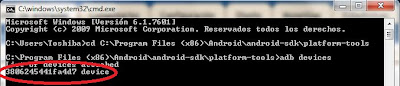 Imagen de un ejemplo de adb devices en Windows 7