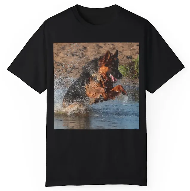 Garment Dyed T-Shirt for Men and Women With Giant Black and Red German Shepherd Jumps in the River