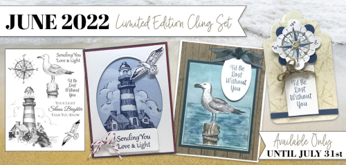 The June 2022 limited edition stamp set includes a stunning lighthouse, elegant compass, and a friendly seagull, plus coordinating sentiments for a variety of occasions. As always, Impression Obsession's monthly stamp sets require no membership or recurring charges. Simply stop by the shop each month and check out the limited edition set. Because these sets have been so popular, we've extended the availability and each set will be in the shop for TWO months instead of one. After that, the sets will be retired so grab them while you can!