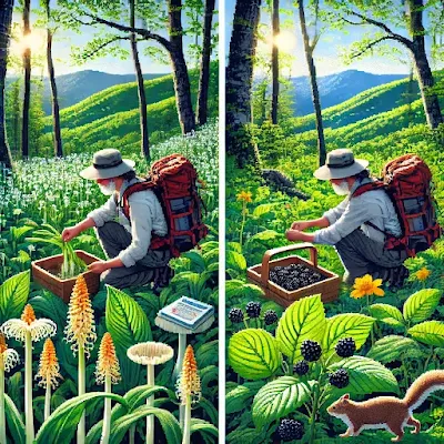 Pixel art of a hiker kneeling in a forest clearing on the Appalachian Trail, harvesting wild ramps surrounded by fiddlehead ferns and dandelions, with a guidebook and trowel beside them under dappled spring sunlight.