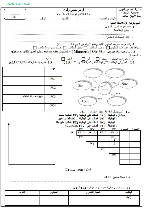 الفرض الرابع التكنولوجيا الصناعية المستوى الثالث إعدادي النموذج 2