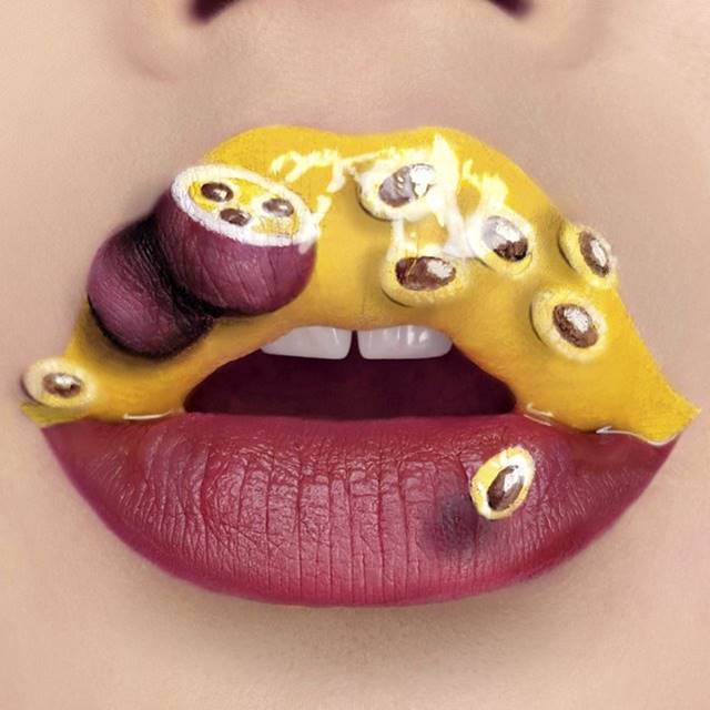 The work of Tutushka, depicting passion fruit on her lips