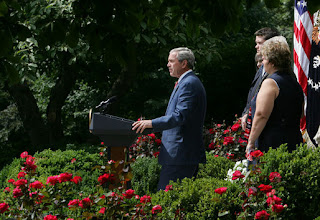 Standing with veterans and military family members, President George W. Bush delivers remarks on the Global War on Terror Friday, July 20, 2007, in the Rose Garden.