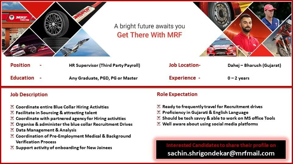 Any Graduate, PGD, PG or Master Jobs Vacancy In MRF Ltd, Dahej, Gujarat For Position HR Supervisor