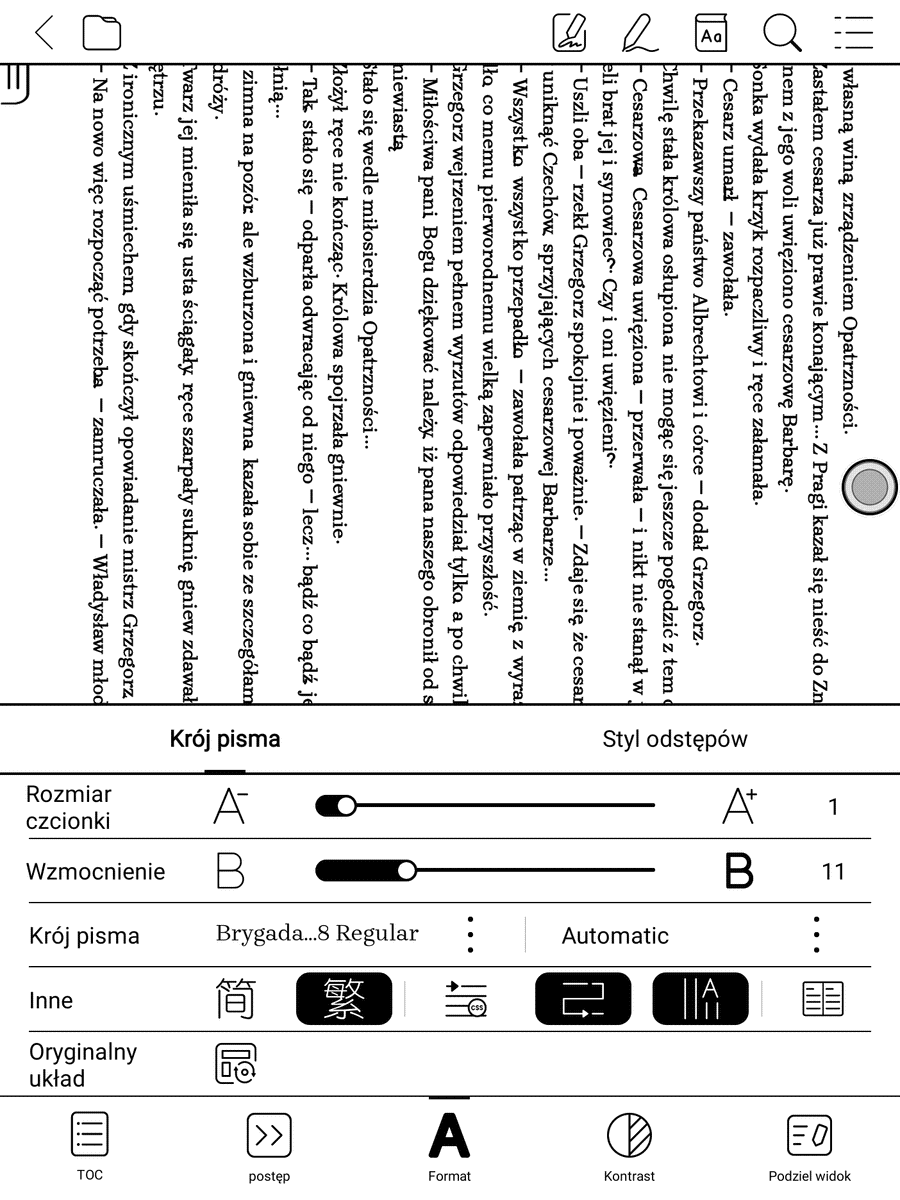 Onyx Boox Nova Air – tekst wyświetlony w trybie poziomym a menu e-booka w trybie pionowym
