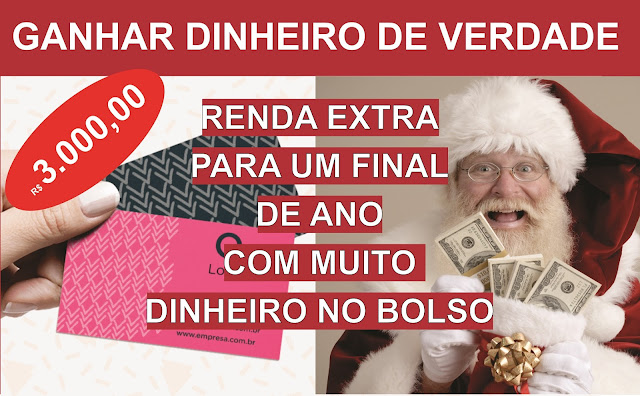 Imagem contem uma mão segurando cartões de vista e um Papai Noel segurando muitas notas de dólares nas mãos e a frente das imagens a frase - 3000 Reais - Renda Extra para um final de ano com muito dinheiro no bolso