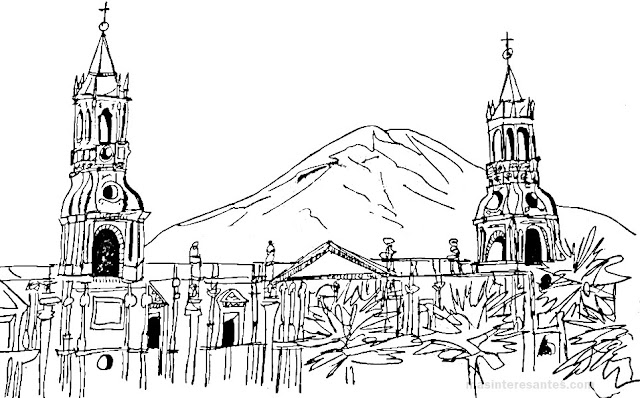 Catedral de Arequipa y Misti para colorear
