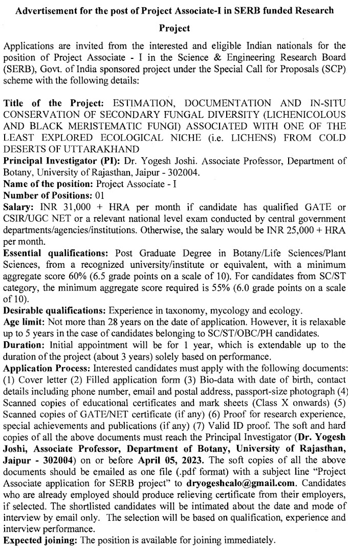 University Rajasthan Plant Sciences RA Vacancy