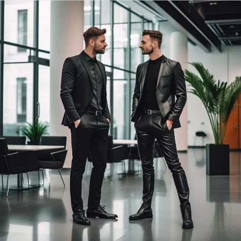 Two Men and that high tech office looking at each other when wearing a black leather suit