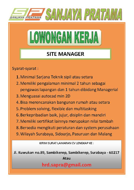 lowongan kerja site manager sanjaya pratama