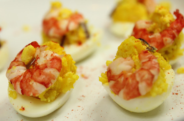 Prawn Kedgeree Stuffed Eggs. Gluten-free Hot Appetiser Recipe