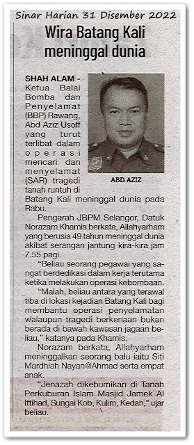 Wira Batang Kali meninggal dunia - Keratan akhbar Sinar Harian 31 Disember 2022