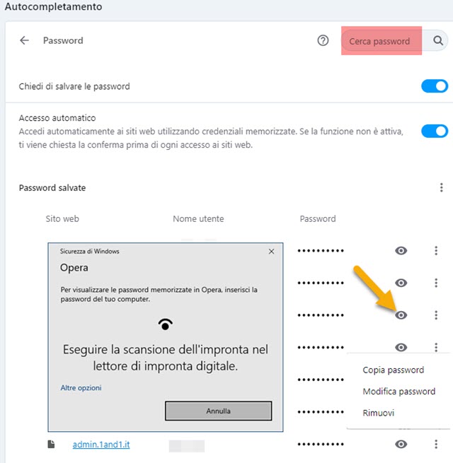 recuperare password in opera