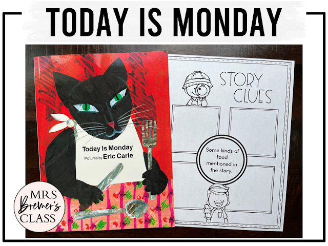 Today Is Monday book activities unit with literacy printables, reading companion activities, lesson ideas, worksheets, and crafts for Kindergarten and First Grade