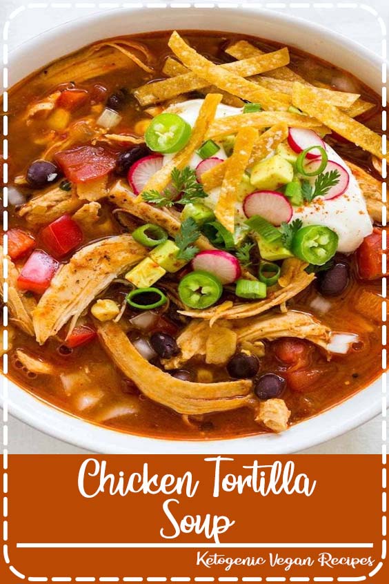 Chicken tortilla soup on the stove top in just 30 minutes! Shredded white meat, bold seasonings, spicy chilis, fire roasted tomatoes, and corn tortillas. #mexican #tortillasoup #soup #chickensoup