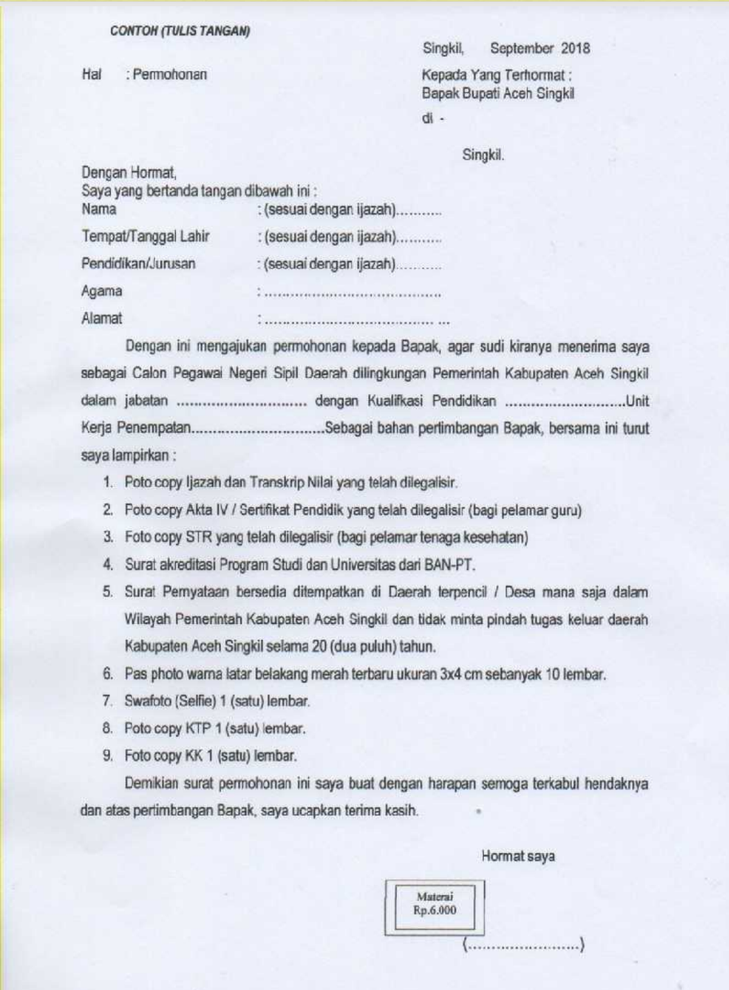 Contoh Format Surat Lamaran CPNS Tahun Ini dan Format 