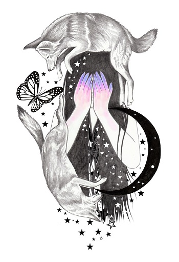 "Circle" by Andrea Hrnjak | dibujos bonitos a lapiz | imagenes lindas | illustration art | mujer con lobos mariposas y luna