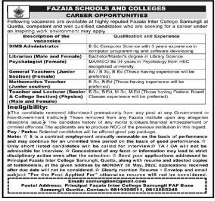 Fazaia Inter College Quetta Jobs 2022 - samunglian@gmail.com Jobs 2022