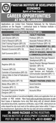 Pakistan Institute of Development Economics PIDE Jobs September 2020