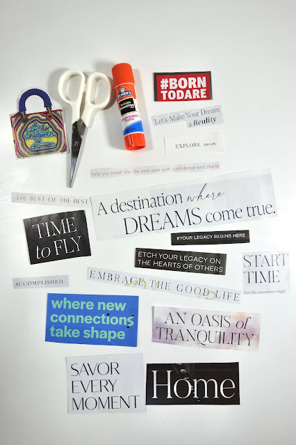 how to make a vision board, paper crafts, motivation, motivational quotes, New Year's Resolution, manifesting, magazines, magazine cutouts, collage, cut and paste, glue stick, scissors, blah to TADA, photo by Claire Mercado-Obias