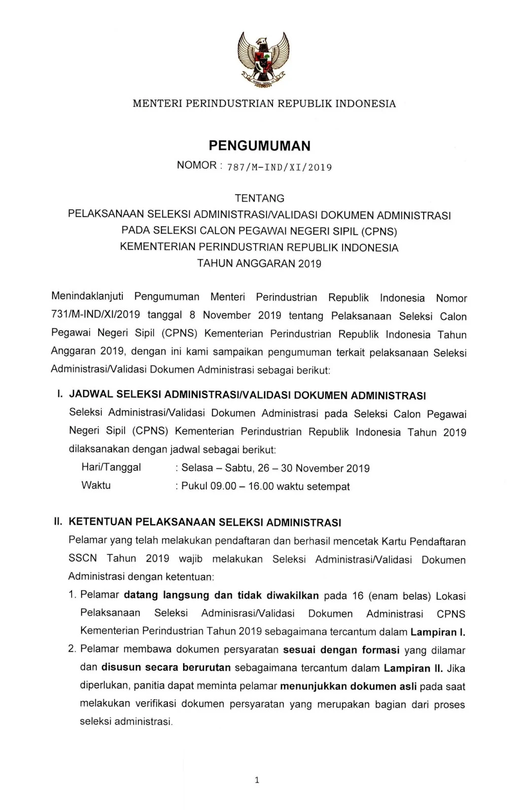 Pengumuman dan Ketentuan Pelaksanaan Seleksi Administrasi / Validasi Dokumen Administrasi CPNS Kementerian Perindustrian Tahun Anggaran 2019