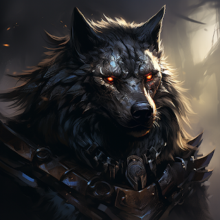 A black heroic wolf humanoid with amber eyes dressed in tribal armor