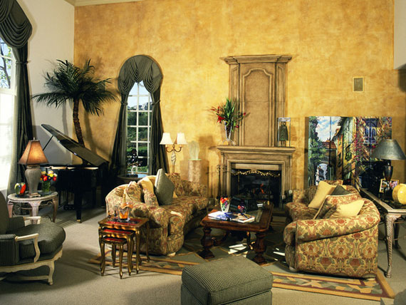 Tuscan style furniture for living room with yellow wall colors