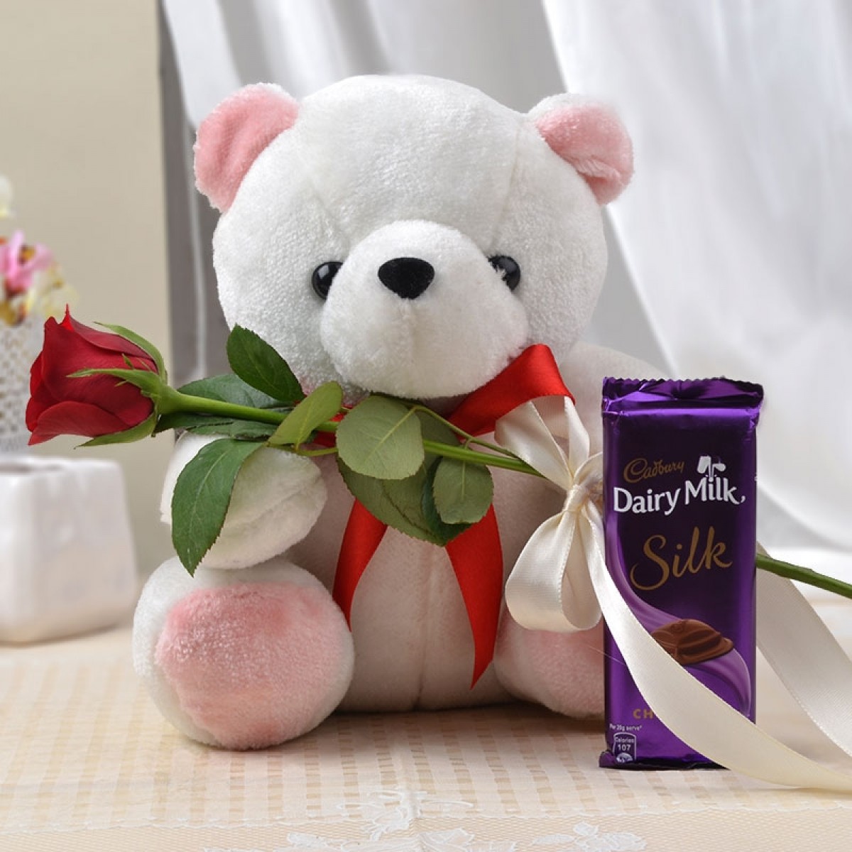 Cute Teddy Bear Image with Red Rose and Chocolate