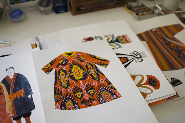 Woven of the World Original Illustrations by Folk Artist Dinara Mirtalipova. Shown in the picture is an Uzbek Dress, or traditional clothing from Uzbekistan, hand painted with gouache by Dinara Mirtalipova