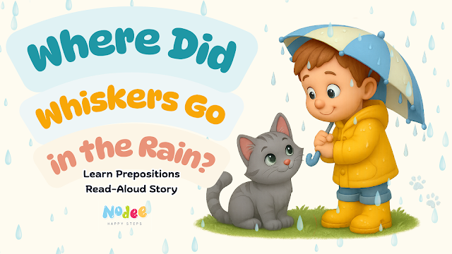 Where Did Whiskers Go in the Rain? Nodee Happy Steps for early readers – prepositions of place