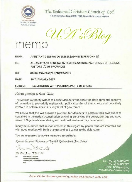 2019: Redeemed Church Sends Memo To All Pastors To Encourage Member Join Politics