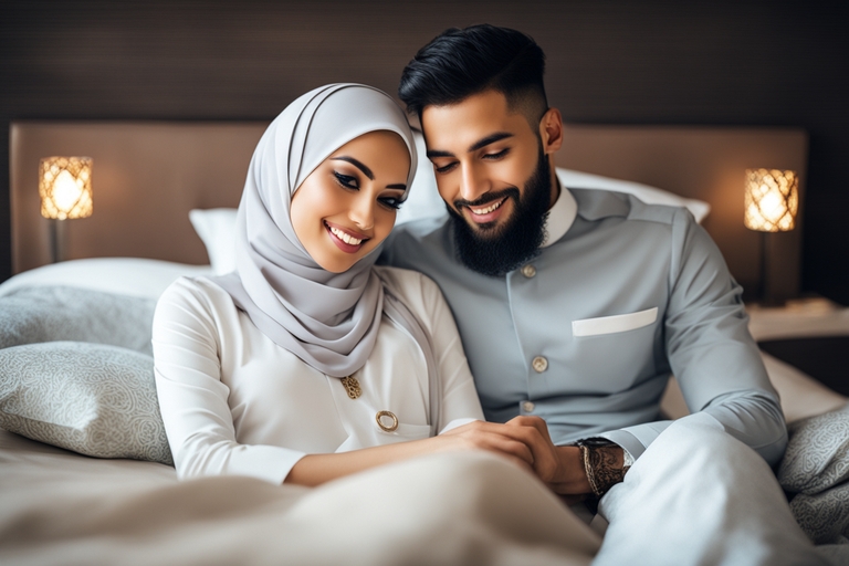 Un couple musulman complice et amoureux dans un lit illustrant l'interprétation des rêves érotiques et sexuels en Islam