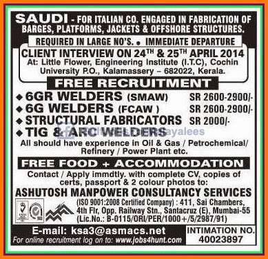 Italian co in KSA Free Recruitment