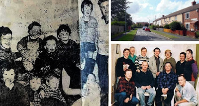 Members of Brigg's Dunderdale family 'back in the day' with a current view of the house where they lived and the one next door, and a colour picture of the 11 brothers together, taken some years ago.