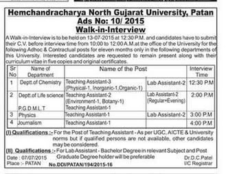 HNGU Walk-in-Interview for Teaching Assistant Posts 2015